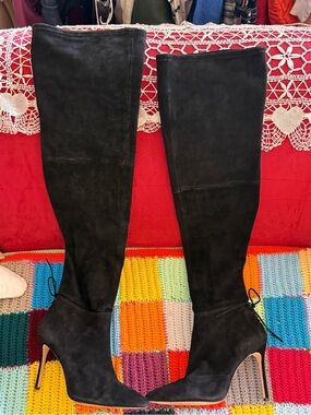 Pour La Victoire Suede Black Over-the-Knee Suede Stiletto Boots - Women